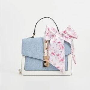 Aldo Denim And White Bow Accent Top-Handle Satchel with Floral Bow